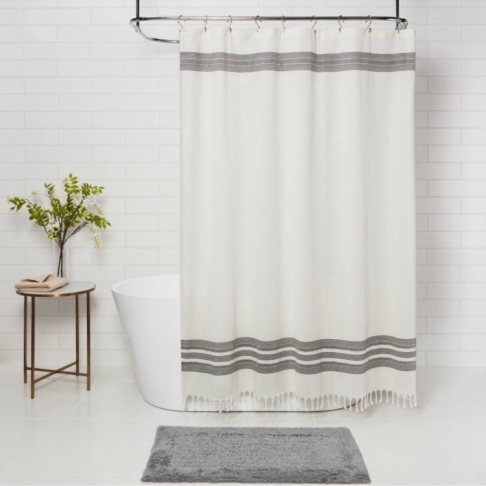 Threshold Striped Fringe Shower Curtain off-white‎